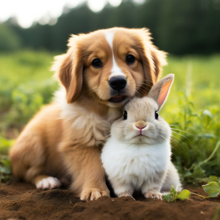 Funny puppy with a rabbit are friends in a gardenの素材
