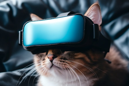 cat in vr headset exploring metaverse worldの素材