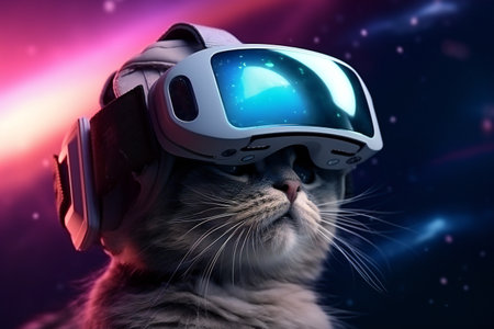 cat in vr headset exploring metaverse worldの素材