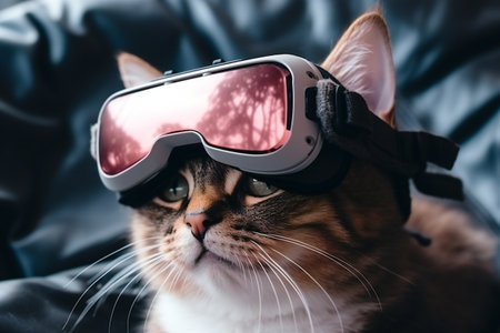 cat in vr headset exploring metaverse worldの素材