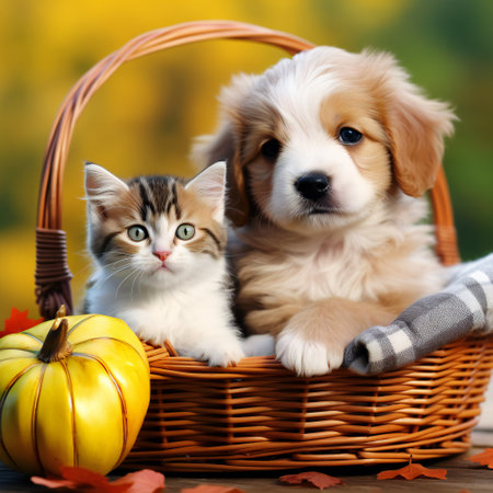 Cute puppy and baby kitten inside basket at summerの素材
