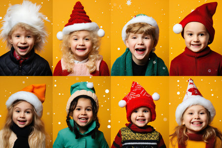 A bright collage of happy kids dressed festively and ready for New-Year celebration. Gifts, costumes. New Year and Christmas. Colorful studio backgrounds.の素材