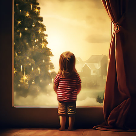 girl look out the window. christmas tree outside. Waiting for miracleの素材