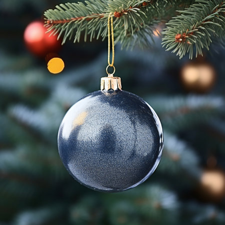 glossy decorative ball on the christmas tree on fir tree background. Merry christmas card. Winter xmas theme.の素材