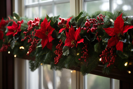 Detail house decorated with artificial holly poinsettia flower, burlap bow, lights garland. Xmas family home interior decor idea conceptの写真素材