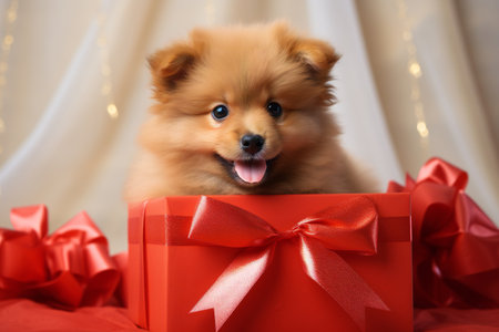 puppy inside a gift christmas or birthday boxの素材
