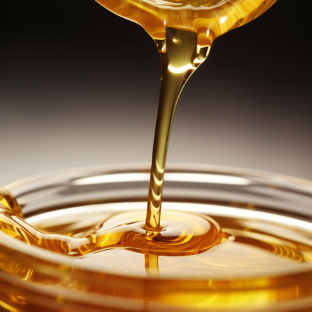 honey jar and drop of honey on dark backgroundの写真素材