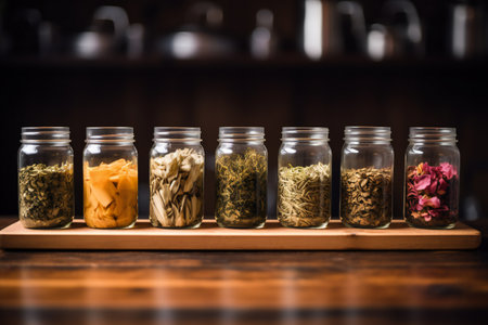 Assortment of dry tea jars in a row Panoramic banner. Red, fruit, green, black and herbal leaves dried fresh dessert beverage. side view conceptの素材