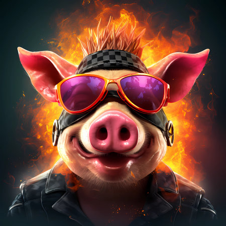Funny portrait of a pink pig wearing sunglasses. Graffiti style, printable design for t-shirts, mugs, casesの素材
