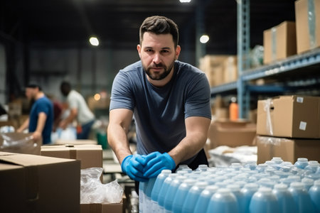 Humanitarian help. Male volunteer filling carton boxes, packing food for poor and elderly people, working at charity centerの素材
