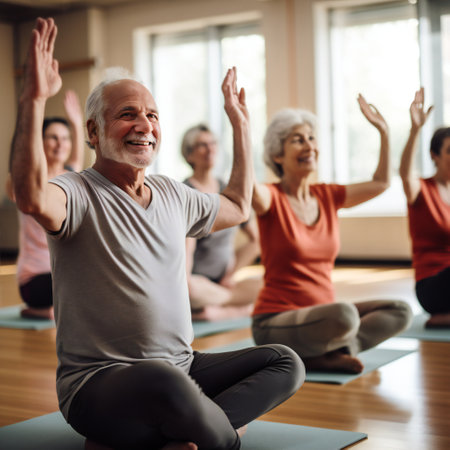 Senior fitness, exercise and stretching at training room for energy, health and wellness in retirement.の素材