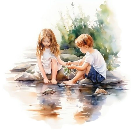 watercolor illustration of little kids playing in the pond or riverの素材