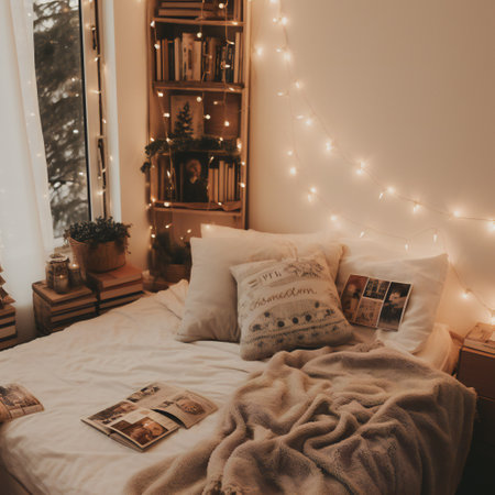 cozy Decorated Christmas bedroom . Light Scandinavian interior.の素材