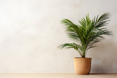 clean interior with stand and palm tree plant on empty white wall background for text, bannerの素材