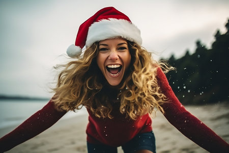 Young Santa claus sunbathes on the beachの素材