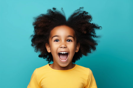 cute african american girl wearing bright yellow t-shirt looking excited. Studio shot of happy girl on blue background.の素材