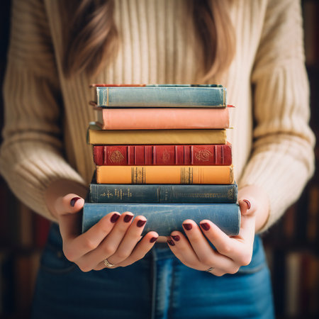 Crop unrecognizable female student in casual clothes holding books and notebook in hands while standingの素材