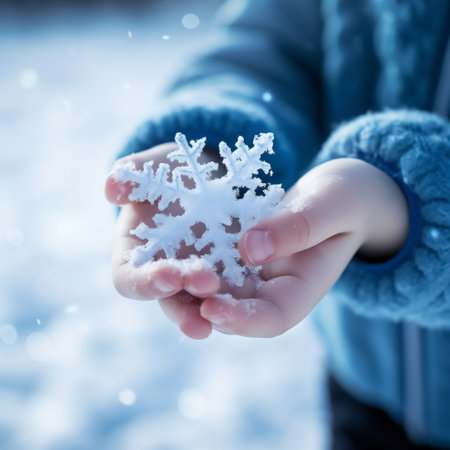cute little child in winter clothes sweater with a big snowflake in handsの素材