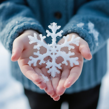 cute little child in winter clothes sweater with a big snowflake in handsの素材