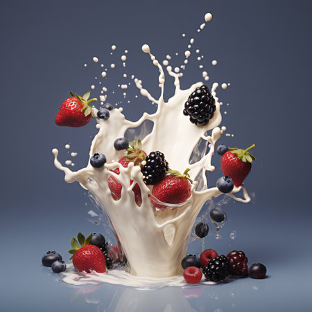 Fresh summer fruits and berries flying over the splashing milk on blue background.の素材