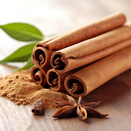 Cinnamon sticks and cinnamon powder on woodの素材
