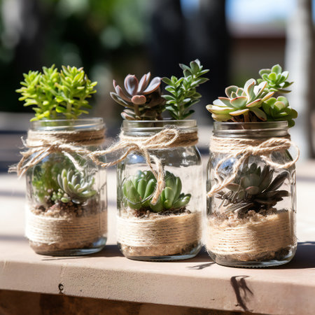 Close-up of a succulent arrangement in a glass vaseの素材