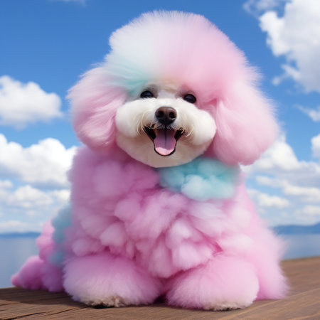 Maltese receives a new hairstyle from dog groomers. The pup has pink and blue hair on ears and tail. dog hair coloringの素材