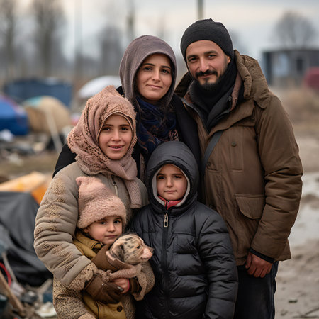 Muslim family portrait refugees outsideの素材