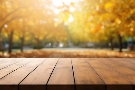 The empty wooden table top with blur background of autumn.の素材