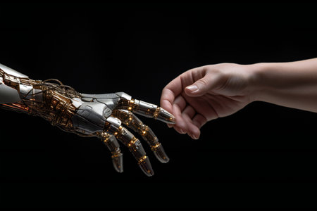 Robot hand making contact with human hand. Cyborg hand finger pointing, technology of ai.の素材