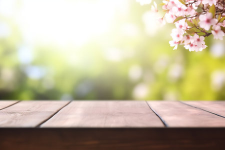 wooden table, against the background of a blossoming tree, spring background blurの素材