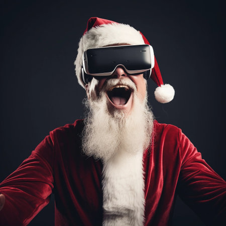 Santa Claus experiencing virtual reality on black, he is wearing VR glasses and interacting with a virtual environmentの素材