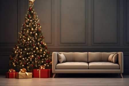 Beautiful Christmas elegant interior, empty sofa and christmas treeの素材