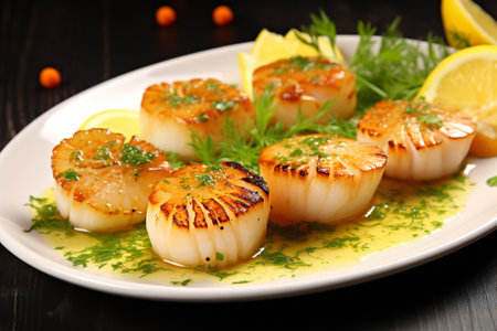 Luxury dish - grilled scallops with creamy espuma. Roasted scallop with cream sauce on plate. Delicacy seafood in restaurant menuの素材