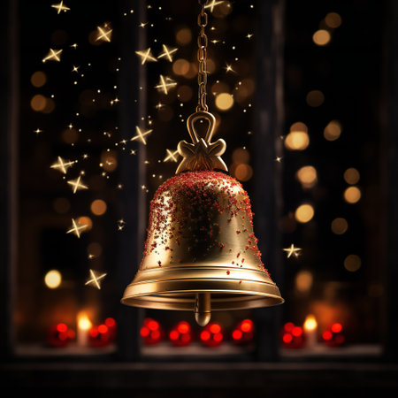 A golden bell on a black background.の素材