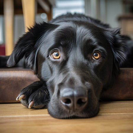 Closeup front facing portrait of a black adult labrador retriever mix dog laying on a couch and looking on cameraの素材