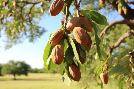 ripe pecan nut on the treeの素材