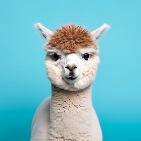Alpaca face watch you with funny hair style. Alpaca with haircut on bright backgroundの素材