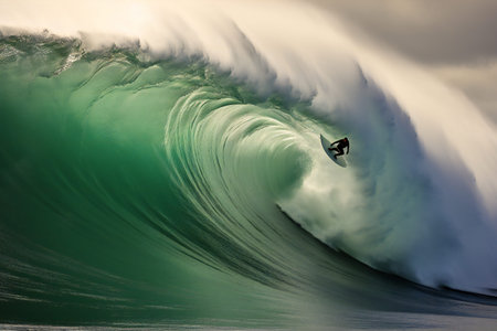 A surfer catches a massive wave in ocean