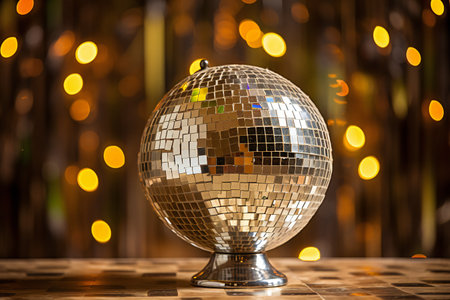 Shiny disco ball on table against blurred backgroundの写真素材