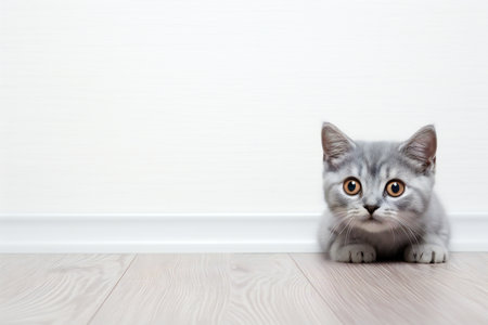 Close-up of Grey kitten sitting on the floor at studio. Animal and Pet Concept. Copy space empty blank for text.の素材