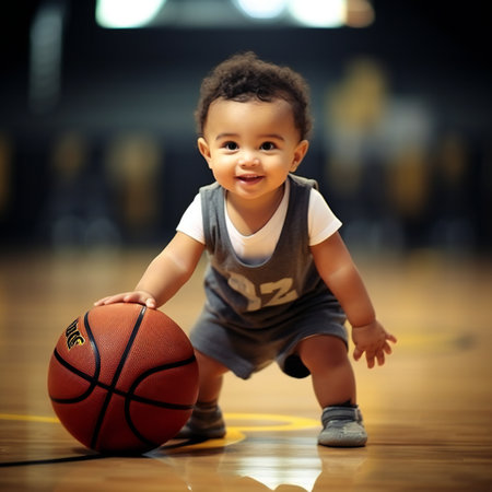 Playful curly little boy, dressed in a bodysuit, stay and plays new basketball The concept of an active childhood.の素材