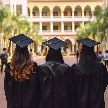 Rear view of university graduates wearing graduation gown and cap in the commencement day, girlsの素材