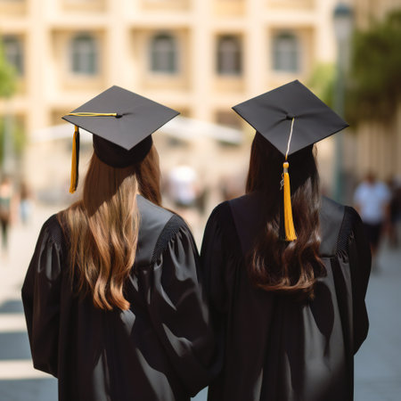 Rear view of university graduates wearing graduation gown and cap in the commencement day, girlsの素材