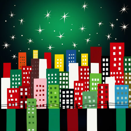 Urban landscape in a geometric minimal flat style. New year and Christmas winter city among falling snow.の素材