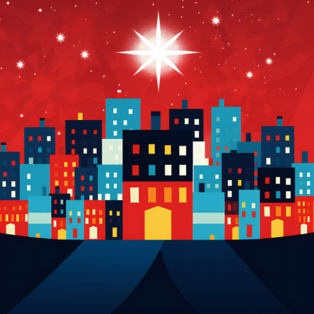 Urban landscape in a geometric minimal flat style. New year and Christmas winter city among falling snow.の素材