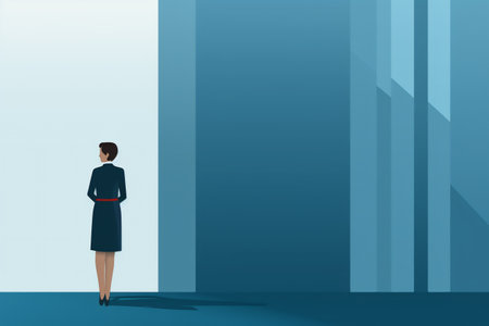 Business woman female lady young person back view confident professional formal boss manager isolated cartoon digital flat art blazer suit skirt smart shoes tidy hair corporate lawyer work..の写真素材