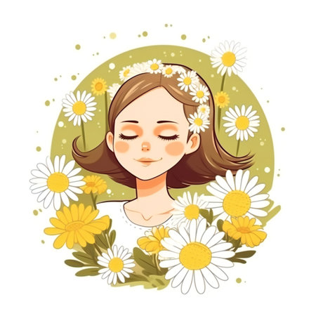 Girl with eyes closed, and thick blond hairs around her. Camomiles are in hairs. Herbal hair treatment and care. Concept of health and beauty trendsの写真素材