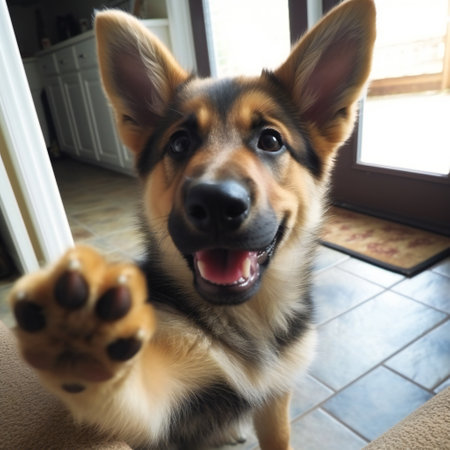 Happy dog waving with his paw. Dog say helloの素材