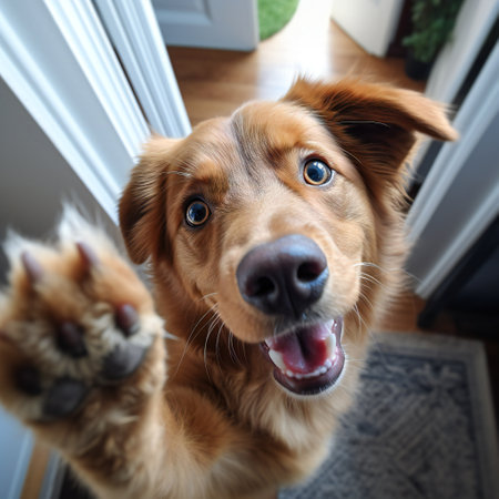 Happy dog waving with his paw. Dog say helloの素材